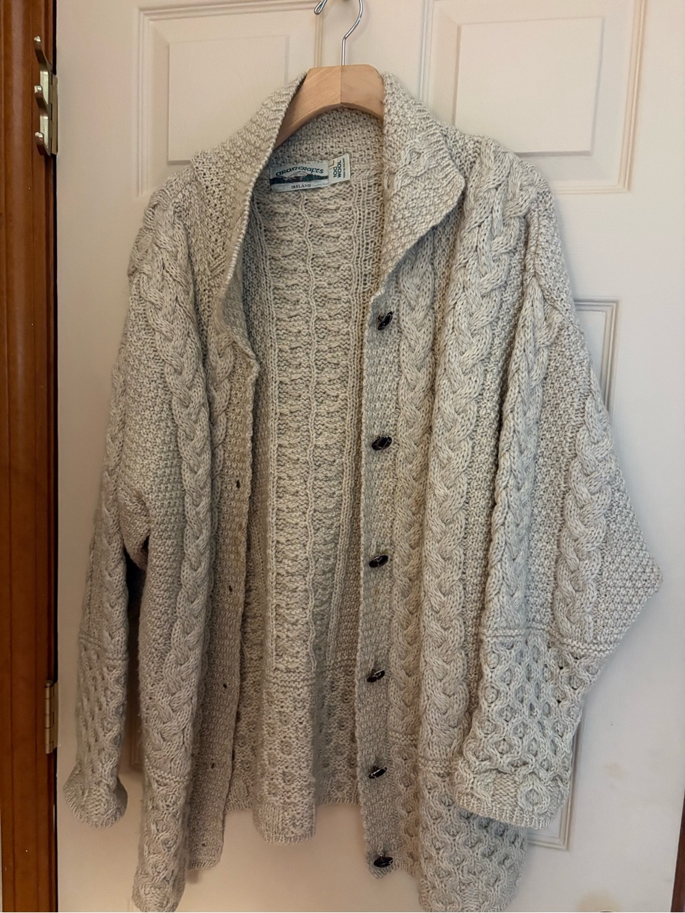Aran Crafts Cream Cable-Knit Shawl Collar Cardigan
